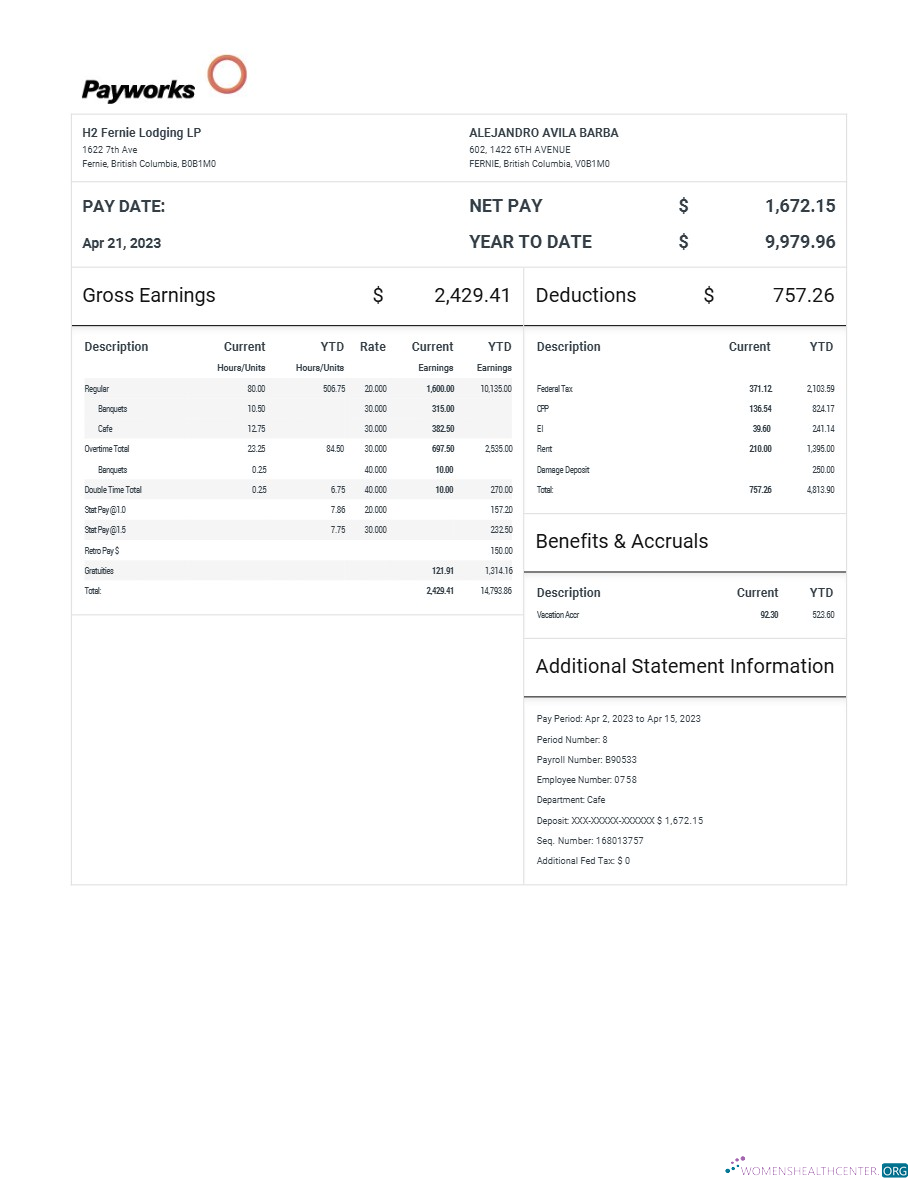 Download H2 Fernie Lodging LP pay statement template in Word and PDF formats.pdf, 1 Photoshop template